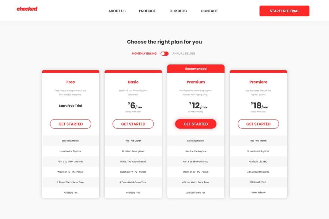 pricing table film tv show package