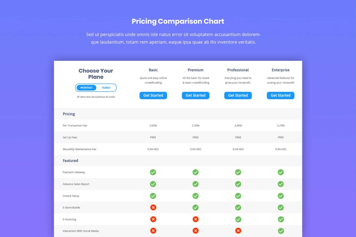 pricing table comparison chart