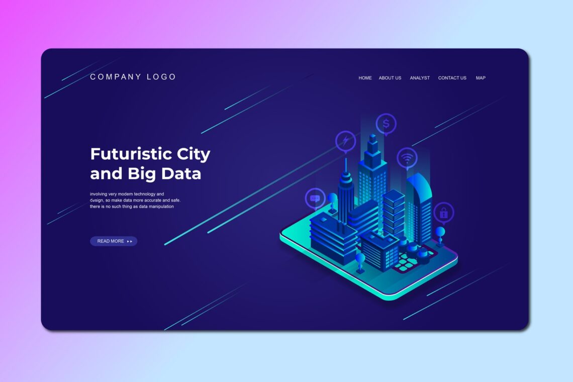 isometric landing pages futuristic city big data