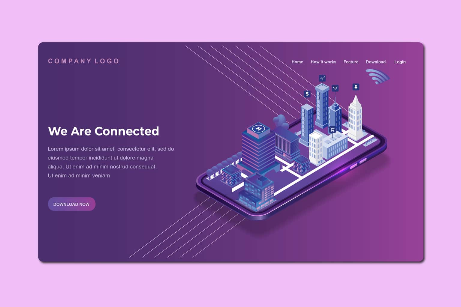 isometric landing pages business city connections