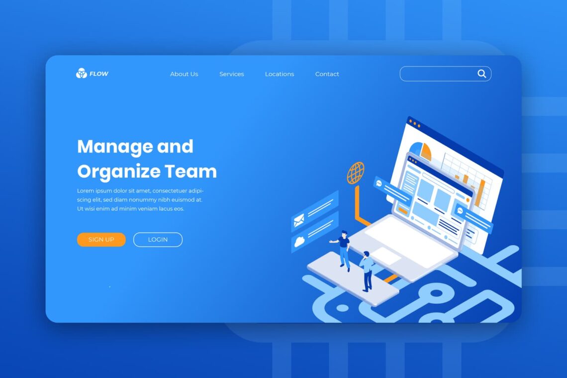 isometric landing pages team management