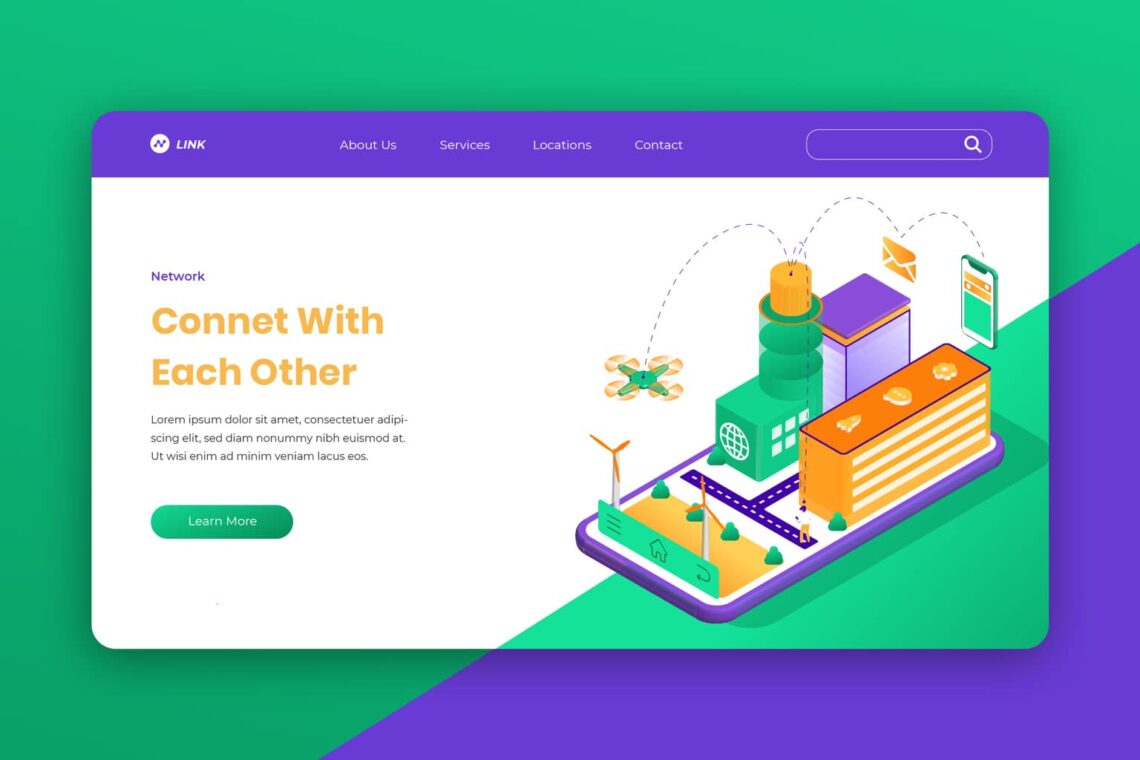 isometric landing pages social connection