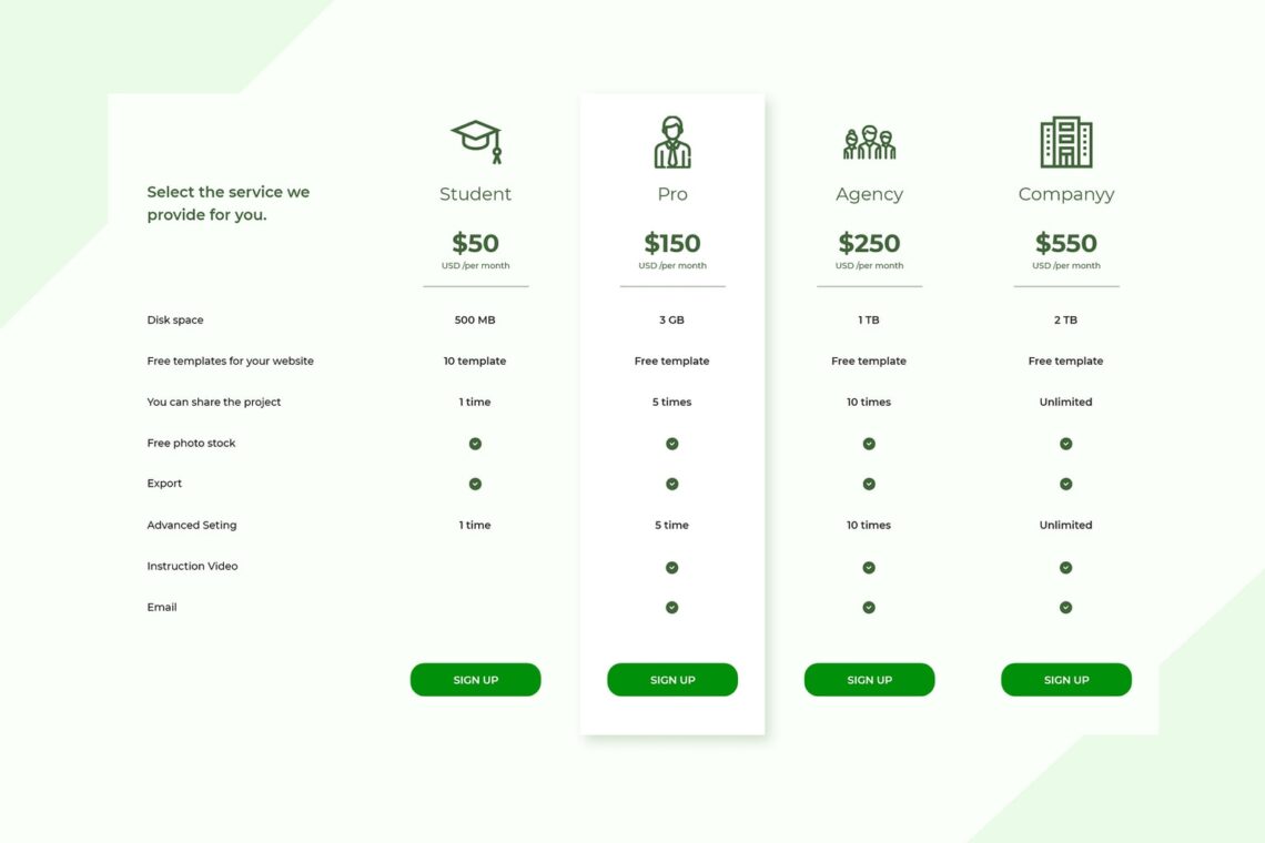 pricing table project creative market