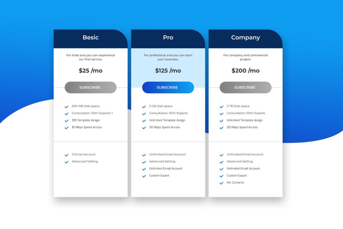 pricing table commercial website service