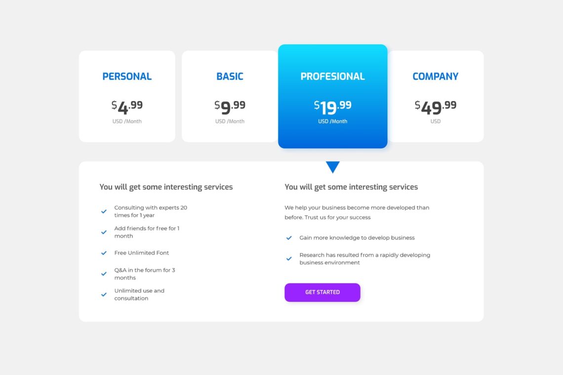 pricing table digital business development package