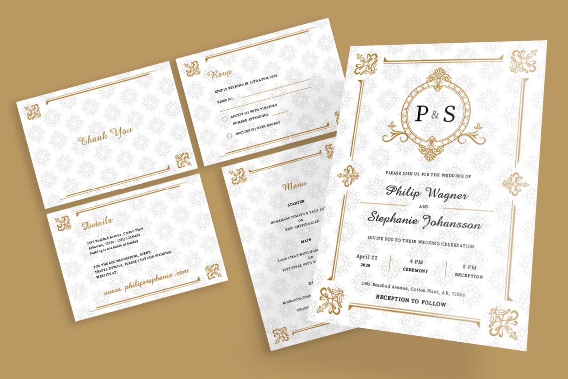 wedding invitation gold ornament motif