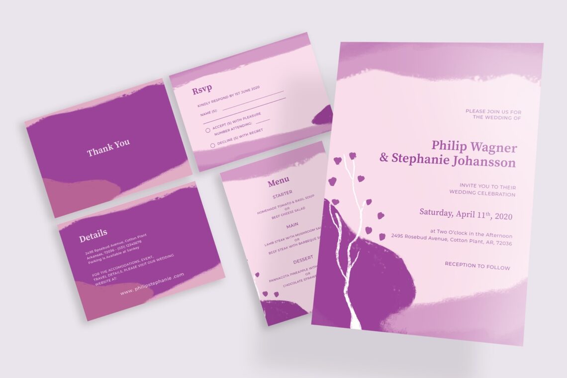 wedding invitation abstract purple paint 1